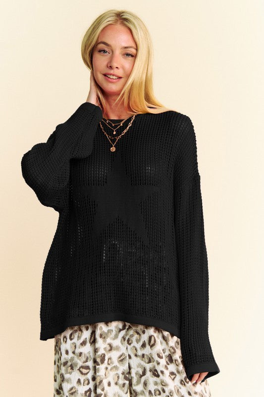 Back To School Sweater - Davi & Dani Star Front Crochet Drop Shoulder Knit Top