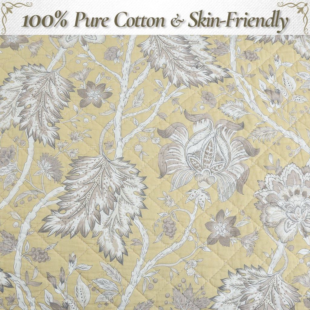 Flaxen Yellow Tan Brown Floral 3 Piece Cotton Quilt Bedding Set
