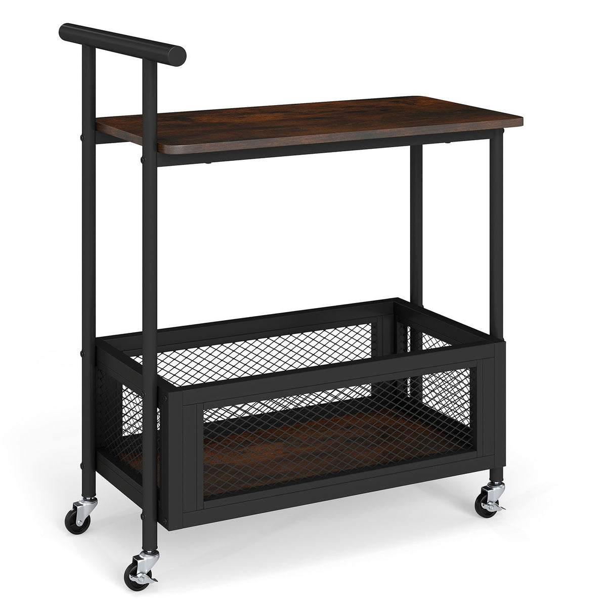 2-Tier Rolling End Table with Handle and Mesh Basket-Rustic Brown