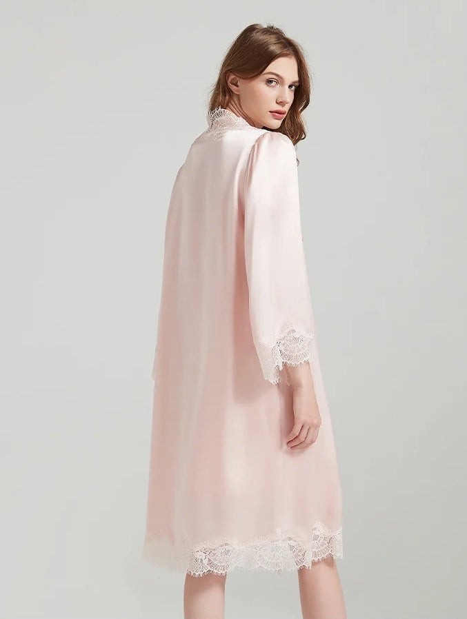 19 Momme Lace-Trim 100% Mulberry Silk Robe & Camisole Set – Women's Sleepwear Loungewear