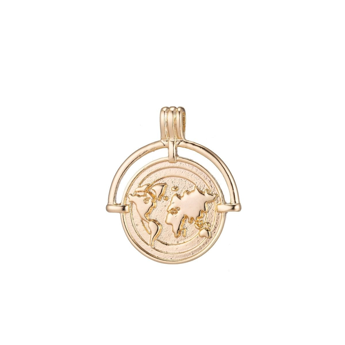 World Traveller Charm, 14K Gold Filled / White Gold Pendant Round Earth Globe Travel Vacay Coin Medallion Necklace Charm for Jewelry Making E-279