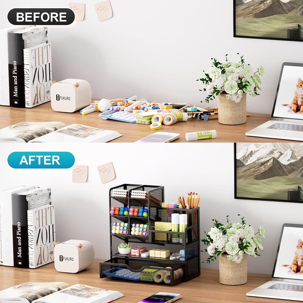 Iron Mesh Desk Organizer Multi-Layer Stationery Storage Box Office School Supplies