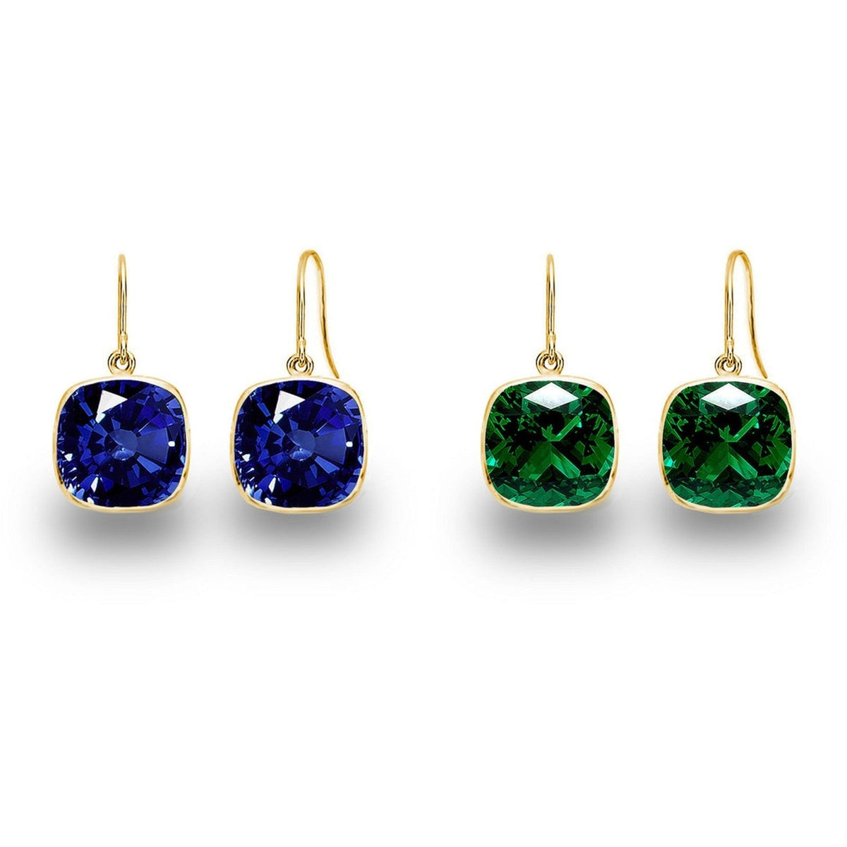 5.00 CTW Lab Grown Sapphire and Emerald Cushion Cut Drop Earrings Set - 14K Gold (2 Pairs)