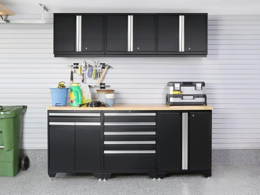 NewAge | Pro Series 7 Piece Cabinet Set with Base, Wall, Tool Drawer Cabinet, Lockers and 56 in. Worktop