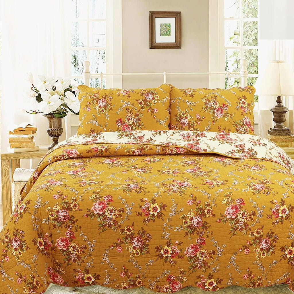 Pinegar Floral Scalloped Cotton 3-Piece Reversible Quilt Bedding Set