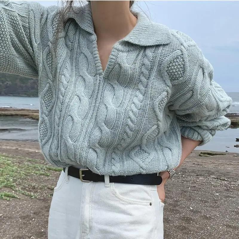 Luxury Kitty Retro Women Sweater Pullovers Knitted Casual Solid Autumn Turn-down Collar Feminine Loose All Match Soft Sweet Tops