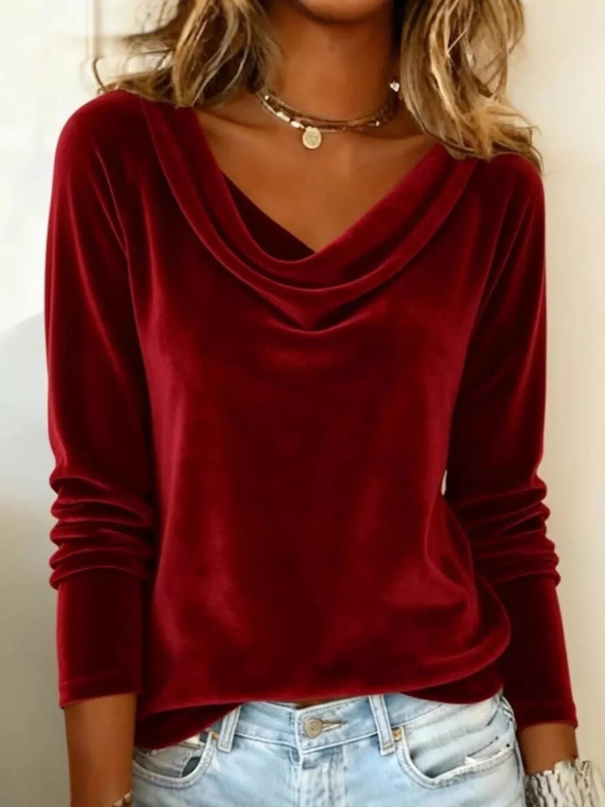 Velvet Cowl Neck Long Sleeve Tee