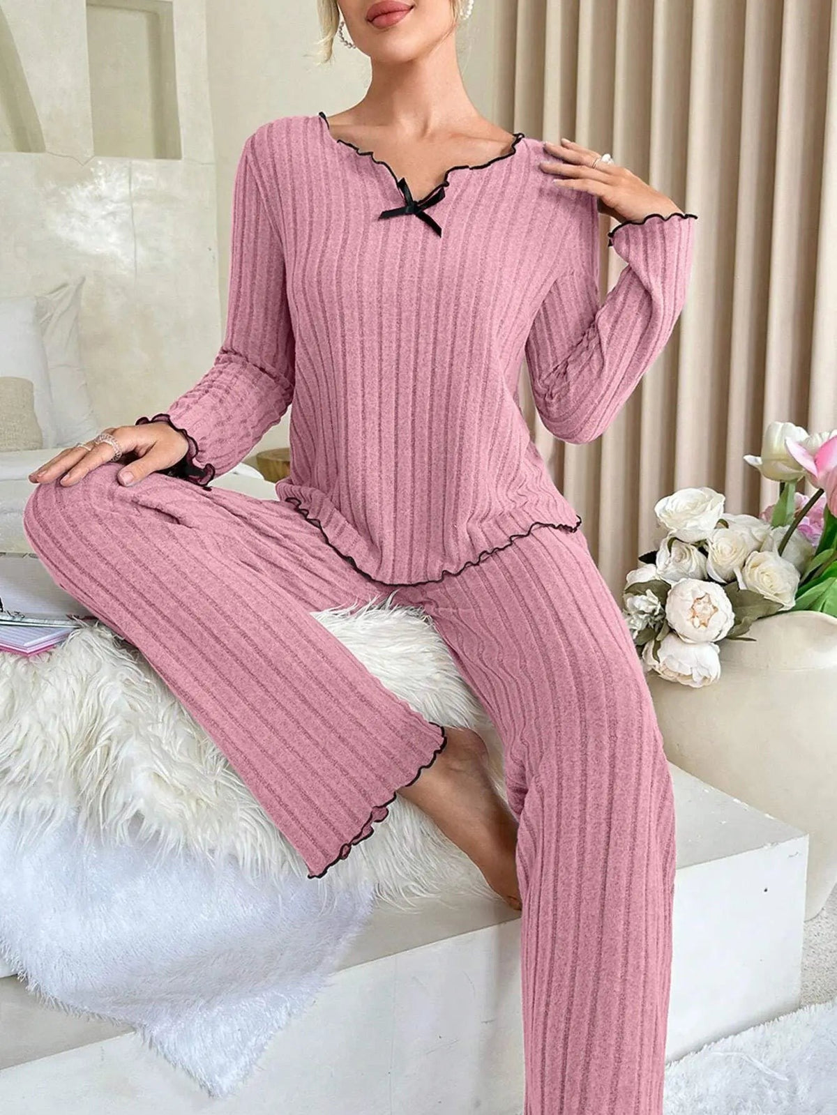 Flannel Warm Sleepwear Women Casual Pajamas Set Long Sleeve Tee Top and Trousers Set Homewear Autumn Winter Loungewear