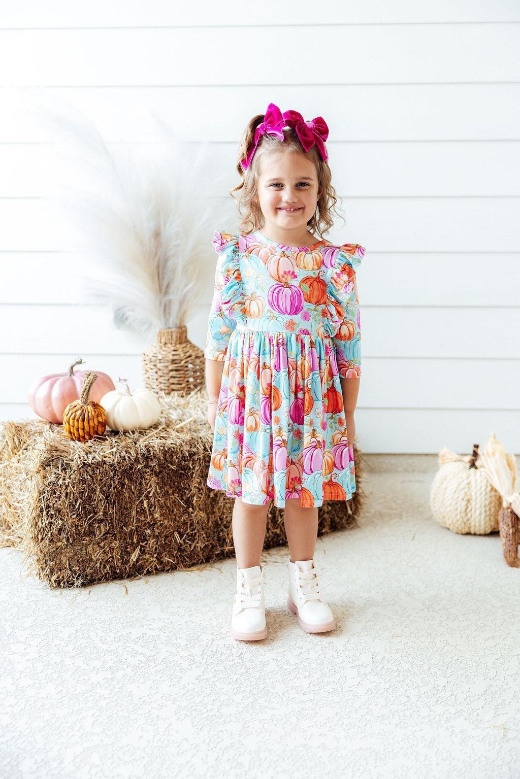 Preppy Pumpkins 3/4 Sleeve Ruffle Twirl Dress