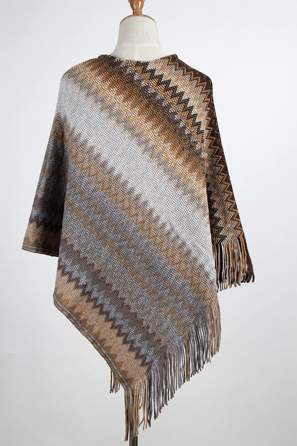 stylesilove Women Autumn Winter Knitted Zig-Zag Pullover Fringe Poncho Sweater Chevron Wrap Cape Lightweight Shawl