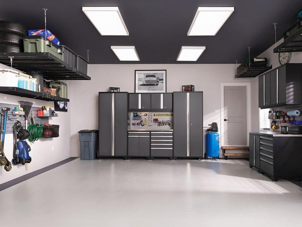 NewAge | Pro Series 7 Piece Cabinet Set with Base, Wall, Tool Drawer Cabinet, Lockers and 56 in. Worktop