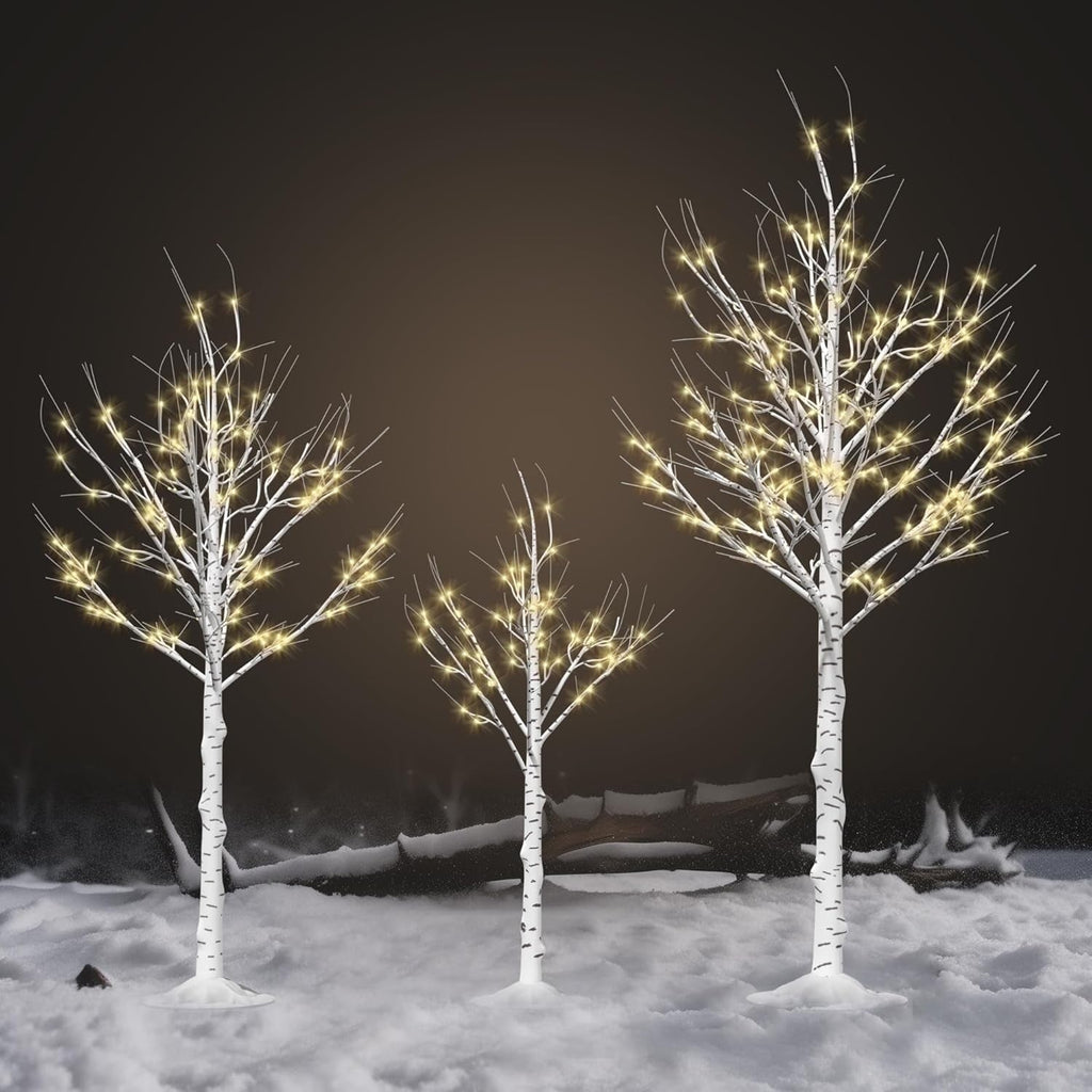 Outdoor Christmas Decorations Lighted Birch Tree Set of 3, LED Warm White 4, 6 and 8 Feet, for Indoor Christmas Decor, Party, Garden, Yard, Wedding, Holiday