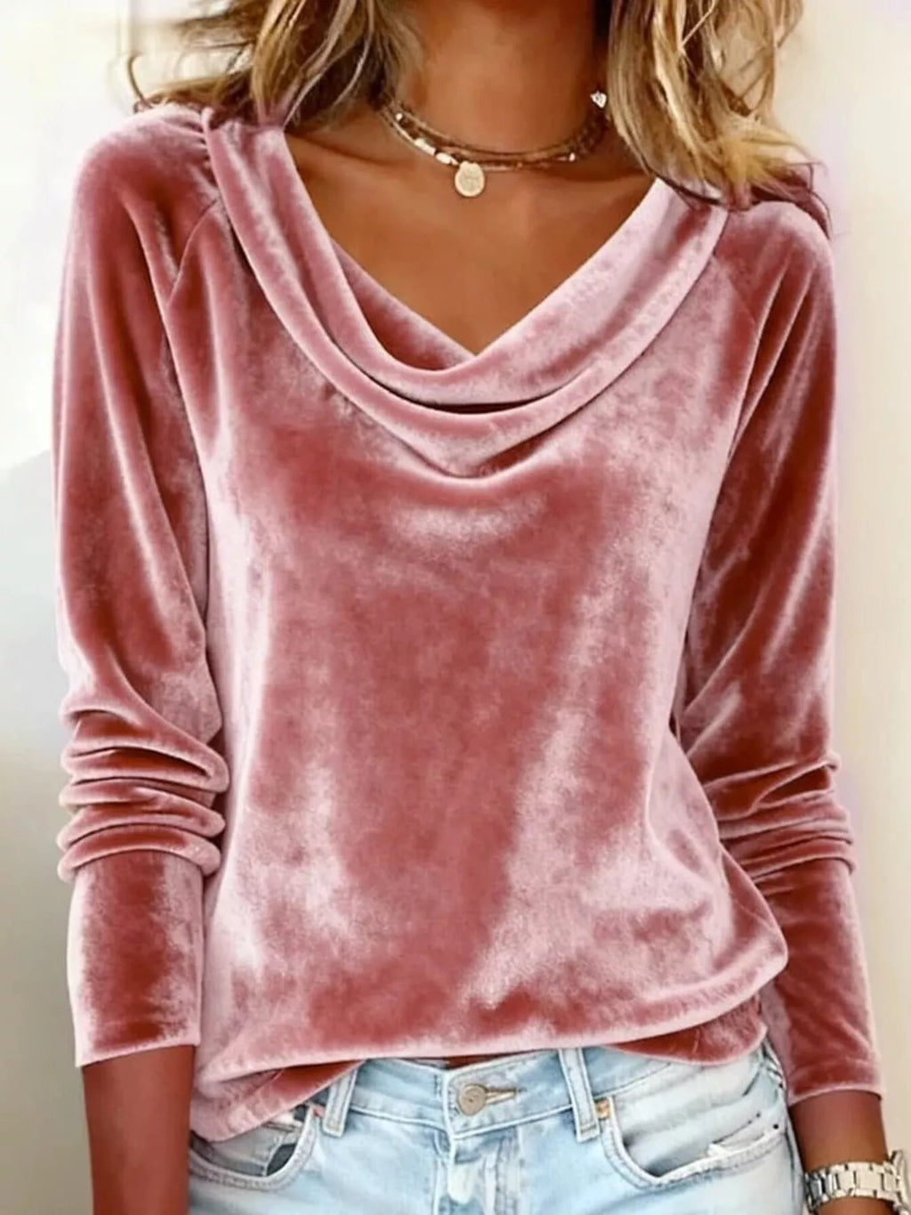 Velvet Cowl Neck Long Sleeve Tee
