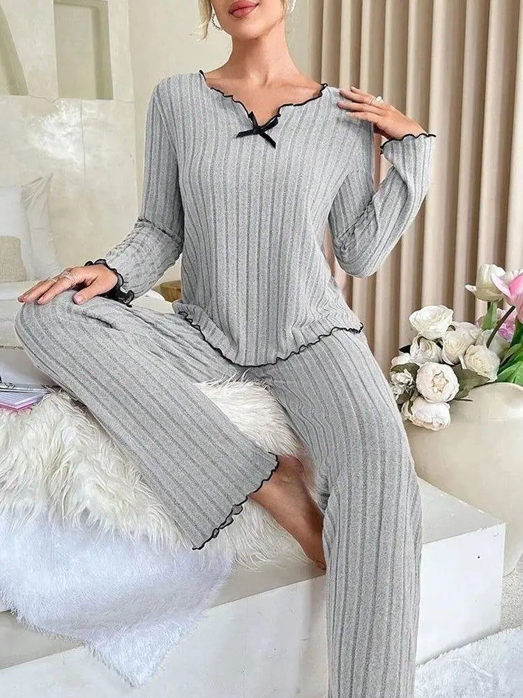 Autumn Winter Warm Flannel Pajamas Set Women Sleepwear Long Sleeve Tee Top and Trousers Casual Homewear Loungewear