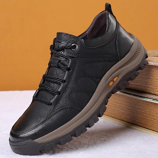 Business Black Leather Mens Casual Shoes Spring Lace-up Platform Travel Shoes Wear-Resistant Shoes Elegant Style Men's Shoes Flat Round Toe Fashion Dress Shoes For Men