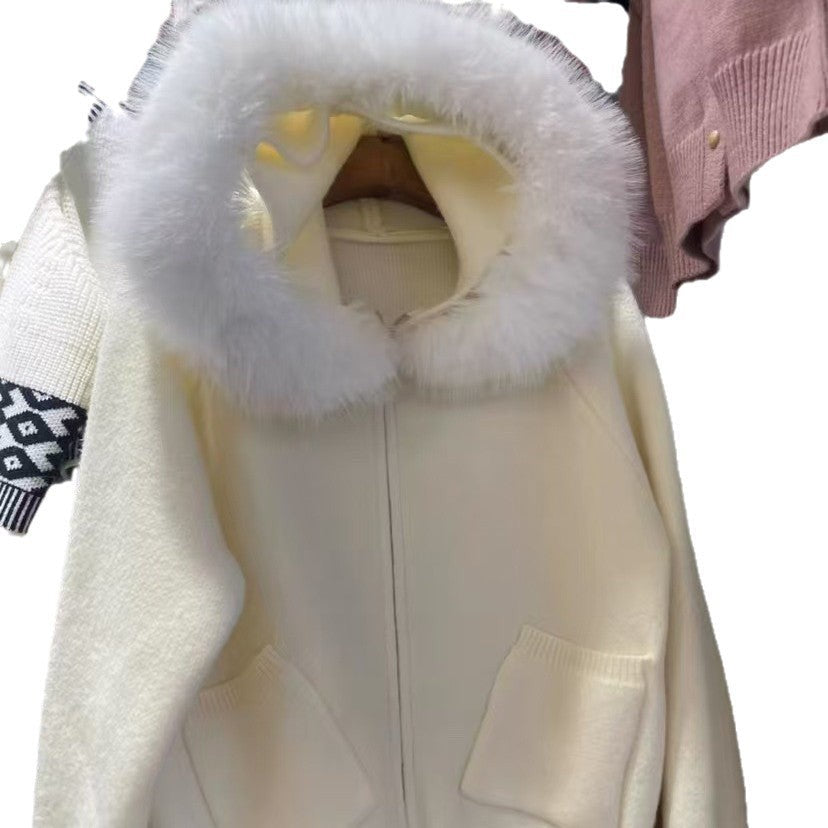 Thickened Hooded Large Fur Collar Knitted Women's Clothing Loose Casual Sweater