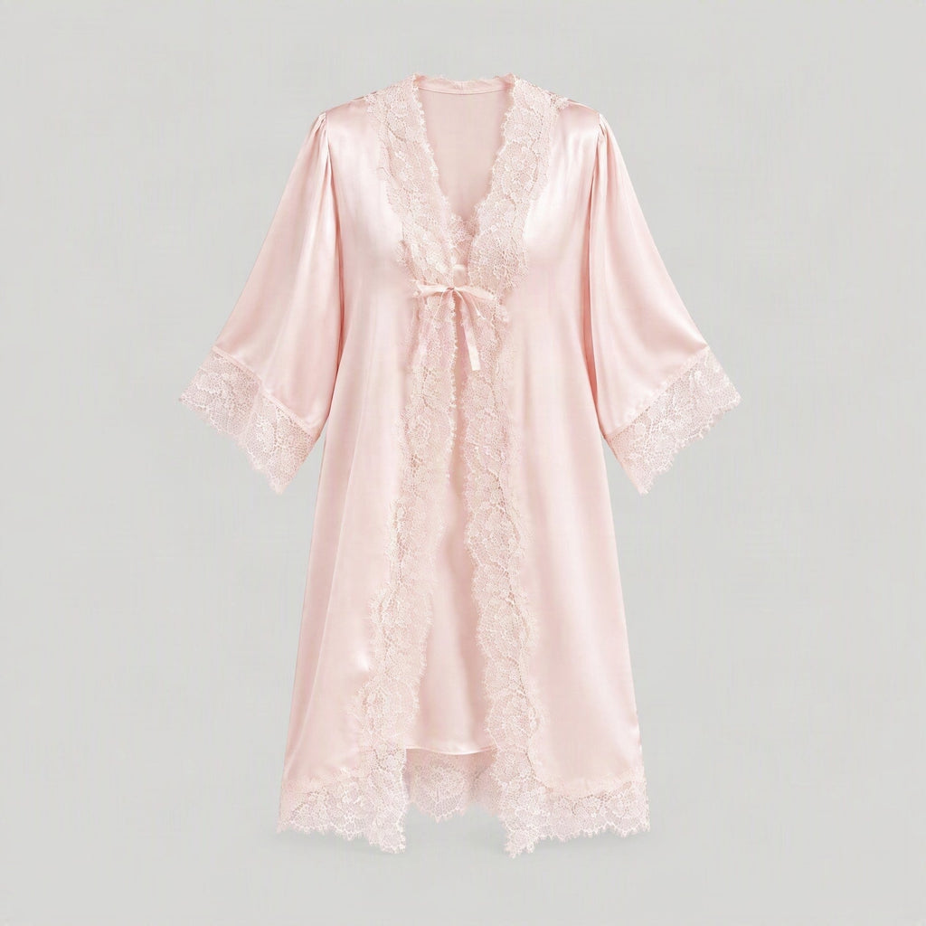19 Momme Lace-Trim 100% Mulberry Silk Robe & Camisole Set – Women's Sleepwear Loungewear