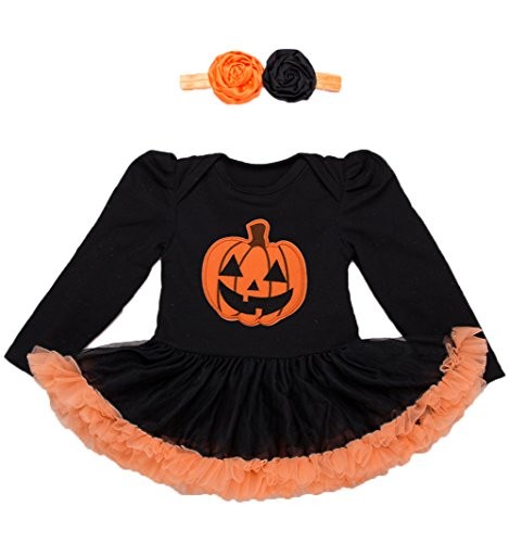 stylesilove Infant Baby Girls Pumpkin Long Sleeve Cotton Romper Tutu Dress and Headband 2pcs Fall Spooky Outfit