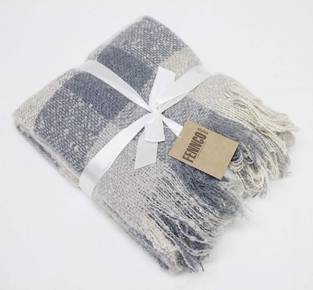 Fennco Styles Cozy Faux Mohair Plaid Fringed Soft Warm Throw Blanket, 50" x 60"