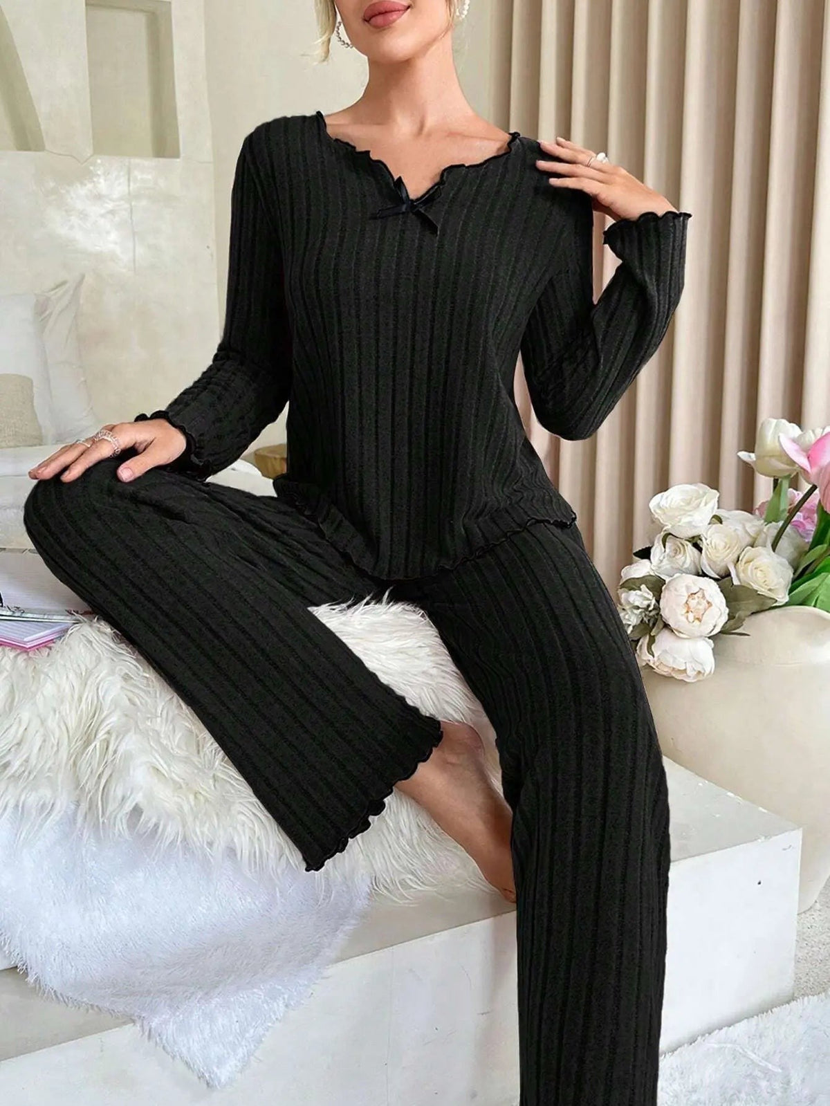 Flannel Warm Sleepwear Women Casual Pajamas Set Long Sleeve Tee Top and Trousers Set Homewear Autumn Winter Loungewear