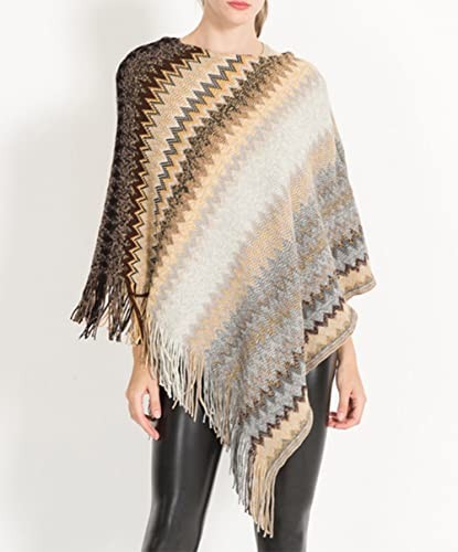 stylesilove Women Autumn Winter Knitted Zig-Zag Pullover Fringe Poncho Sweater Chevron Wrap Cape Lightweight Shawl