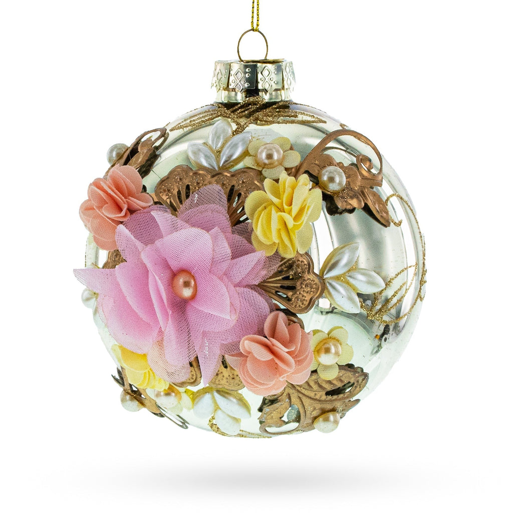 Fabric Flowers on Glass Ball Artistic Glass Christmas Ornaments Ornament