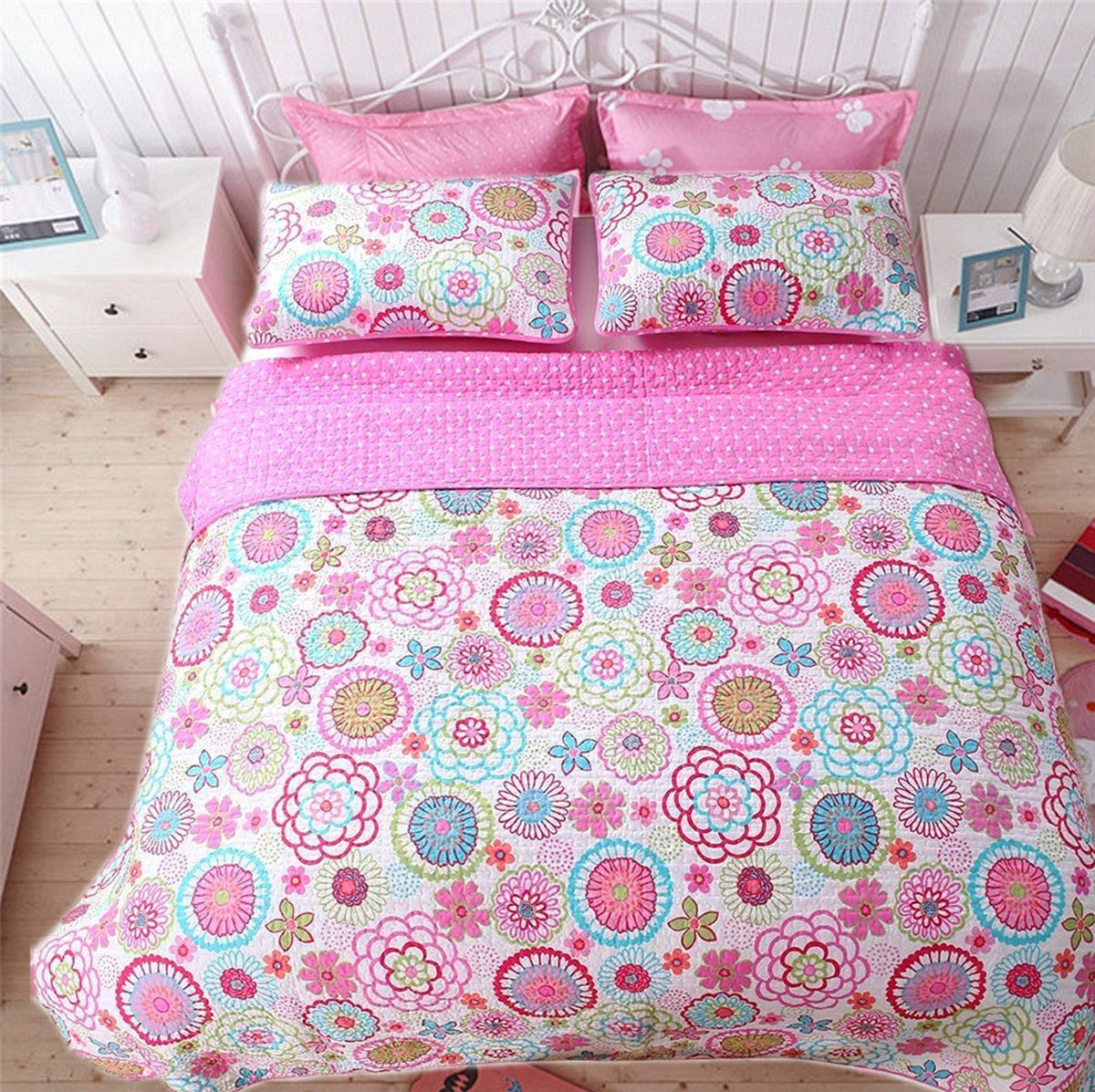 Mariah Pink Floral Dot Reversible Quilt Bedding Set
