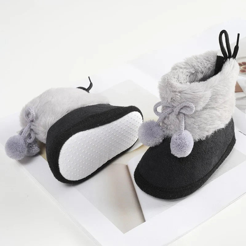 Winter Plus Velvet Snow Booties for Baby, Warm Boots Shoes, Baby Girl Shoes with Pompom, Soft Sole Indoor Walking Shoes