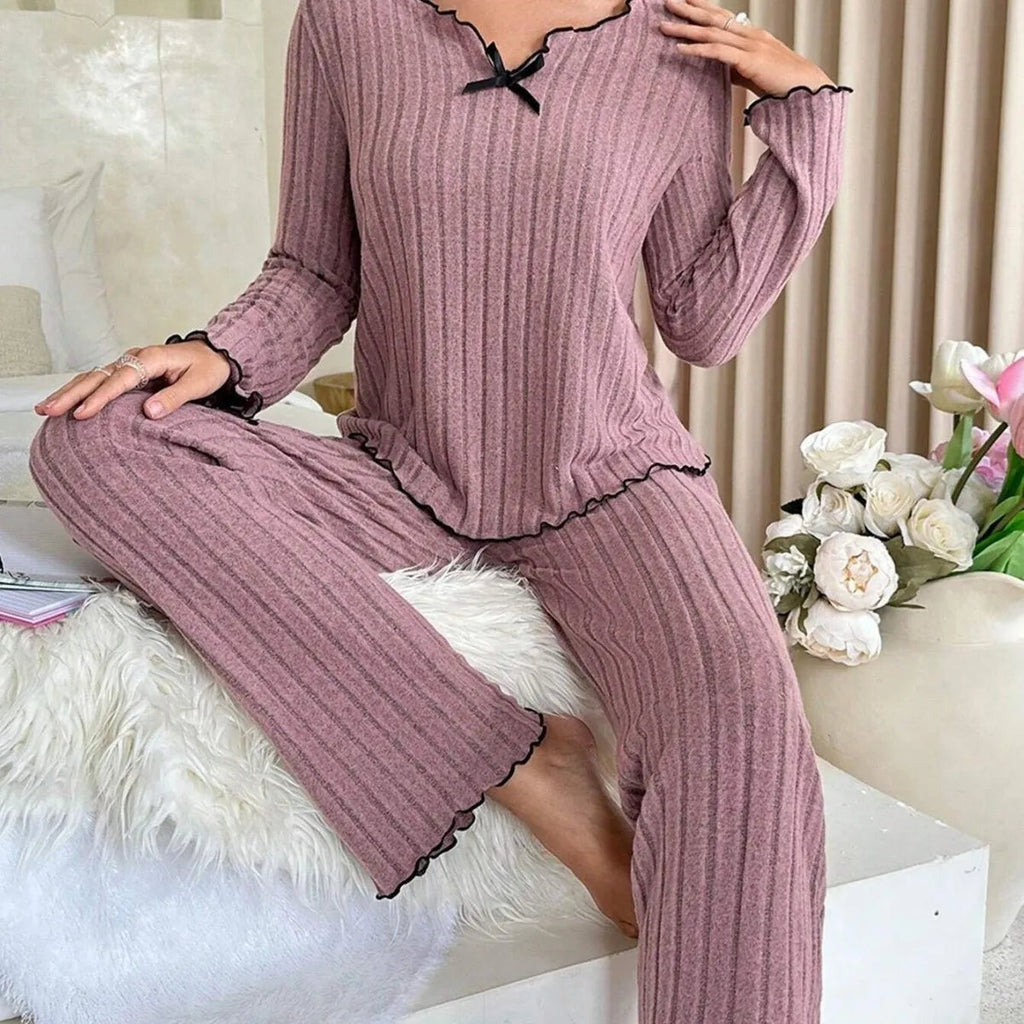 Flannel Warm Sleepwear Women Casual Pajamas Set Long Sleeve Tee Top and Trousers Set Homewear Autumn Winter Loungewear