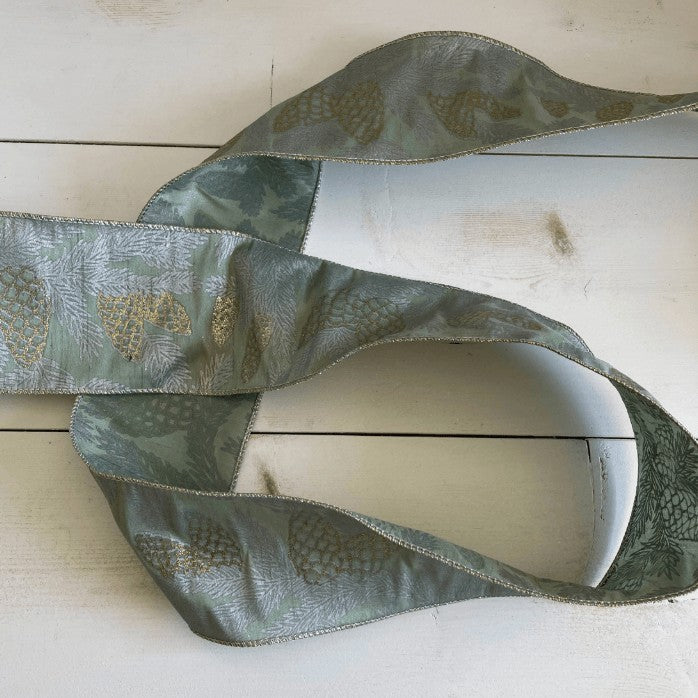 Wired Ribbon - Green with Gold & Silver Pinecones | 4" Width | 10 Yard Roll