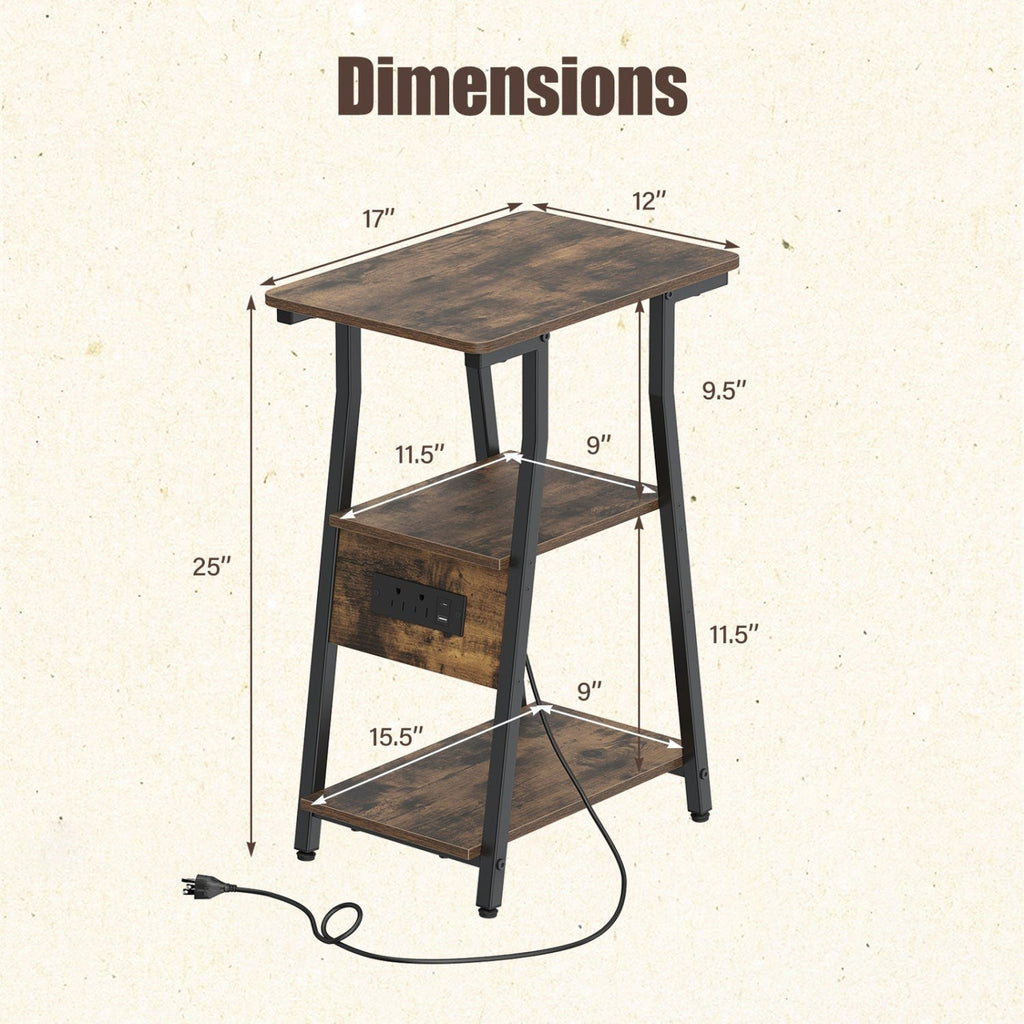Industrial Side Table with Charging Station & 3-Tier Shelves