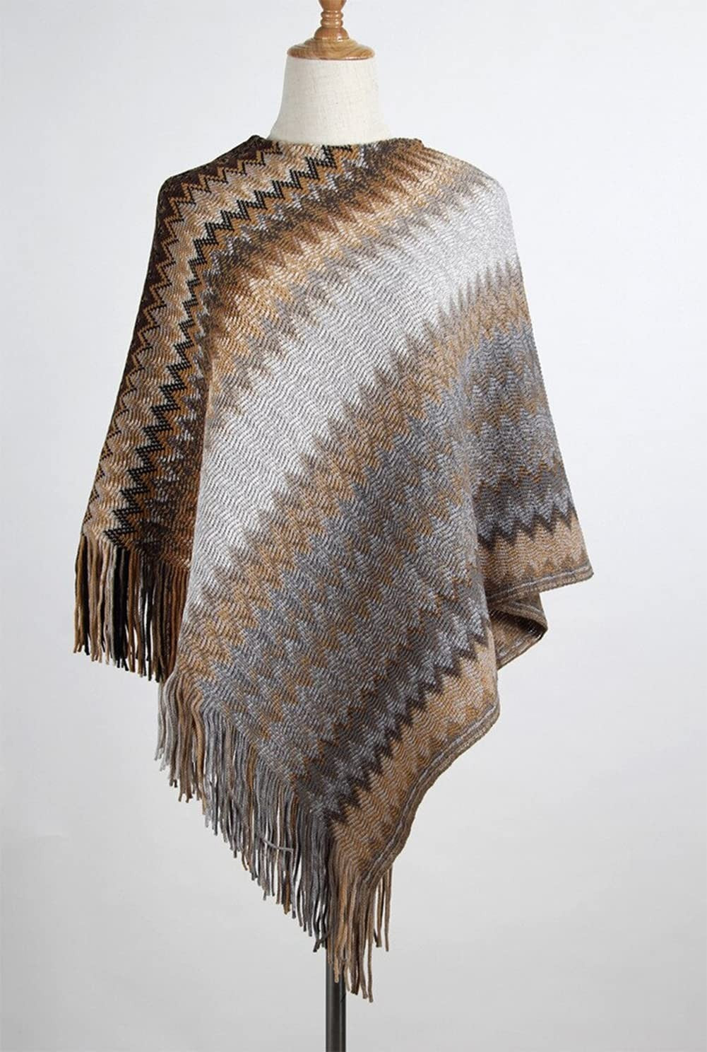stylesilove Women Autumn Winter Knitted Zig-Zag Pullover Fringe Poncho Sweater Chevron Wrap Cape Lightweight Shawl