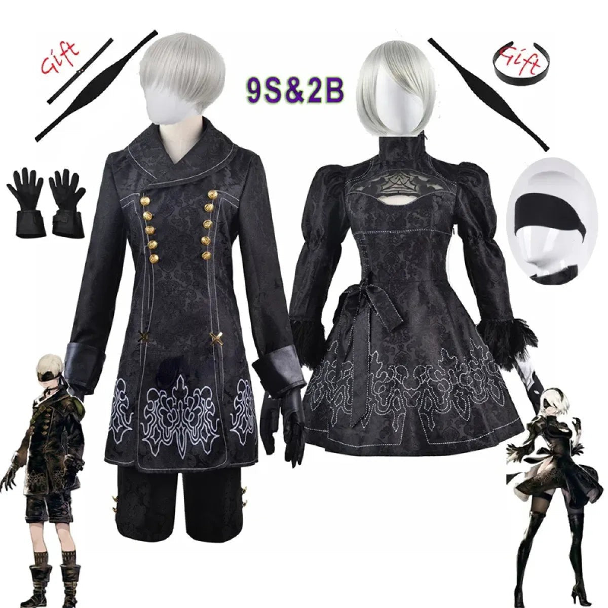 NieR: Automata 9S & 2B Cosplay Costume with Wig and Accessories
