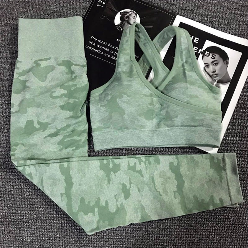 2PCS Camouflage Camo Yoga Set Sports Wear Women's Gym Fitness Clothing Booty Yoga Leggings + Sport Bra GYM Sport Suit Femme