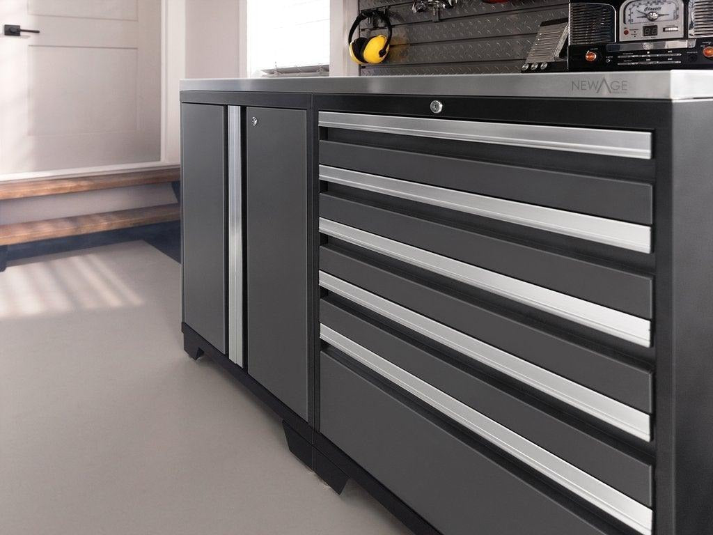 NewAge | Pro Series 7 Piece Cabinet Set with Base, Wall, Tool Drawer Cabinet, Lockers and 56 in. Worktop