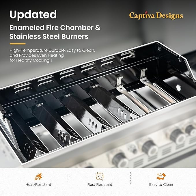 Captiva Designs 6-Burner Propane Gas BBQ Grill with Side Burner & Porcelain-Enameled Cast Iron Grate and Plate for Outdoor Barbucue Events, 52,000 BTU Output,740 SQ.IN. Cooking Area,Heavy Duty