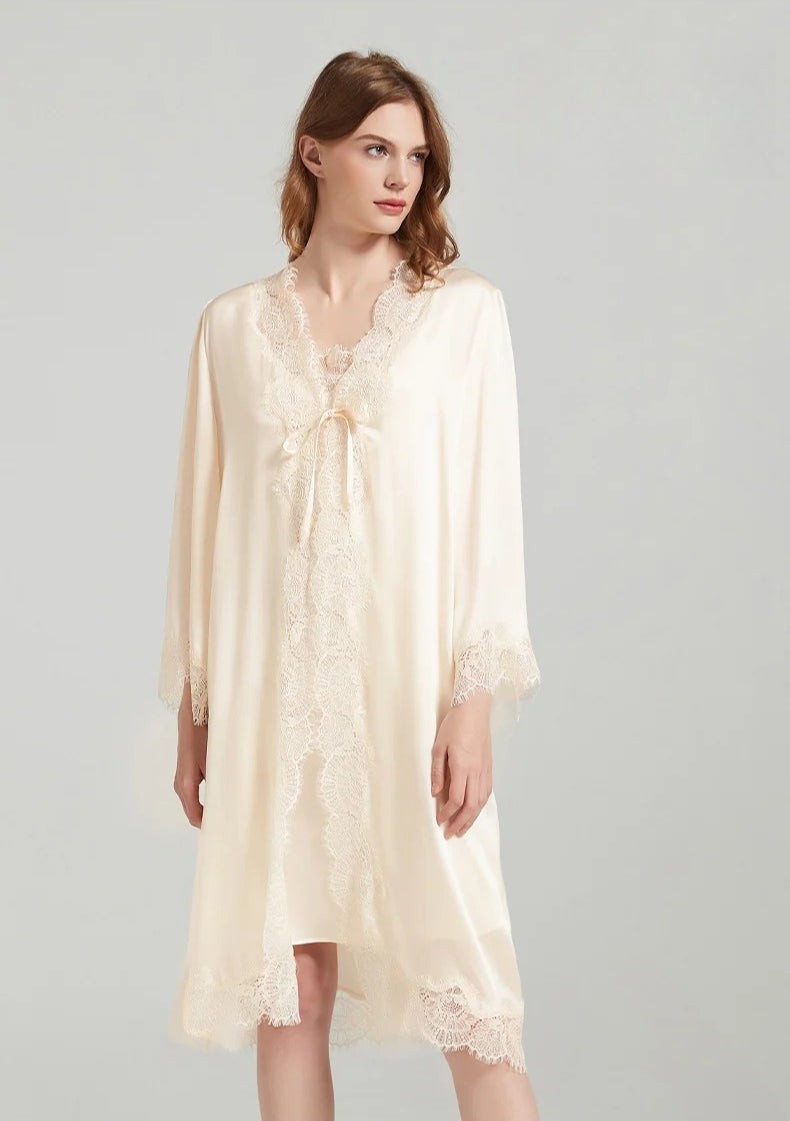 19 Momme Lace-Trim 100% Mulberry Silk Robe & Camisole Set – Women's Sleepwear Loungewear