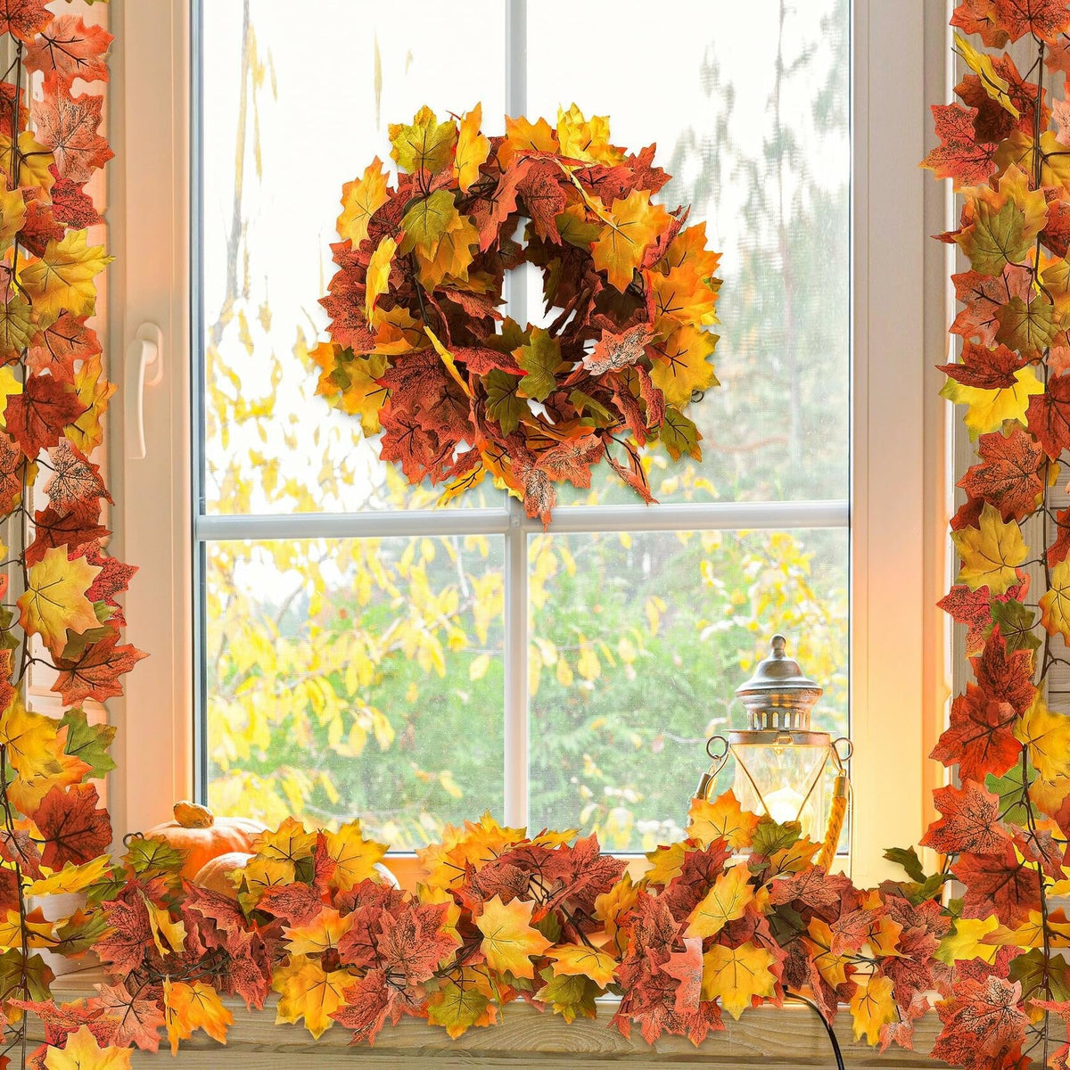 Helimoto Maple Leaf Garland 8 Pack 47.2FT Green Artificial Fall Leaves
