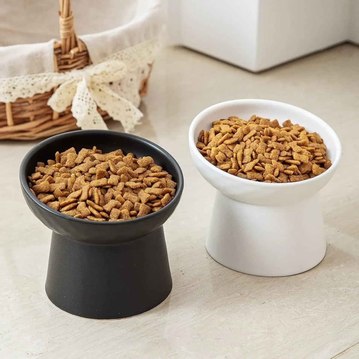 Ceramic Raised Tilted Cat Bowls Set of 2, Elevated Porcelain Feeder