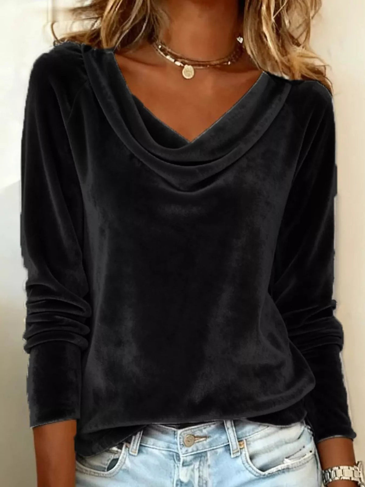 Velvet Cowl Neck Long Sleeve Tee
