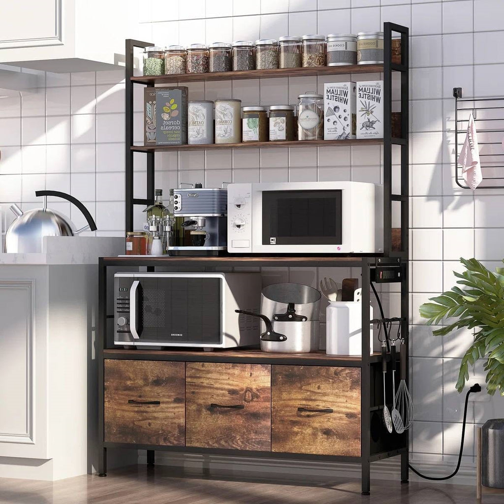 Black Metal Kitchen Baker's Rack with Brown Wood Shelves and Storage Cabinets