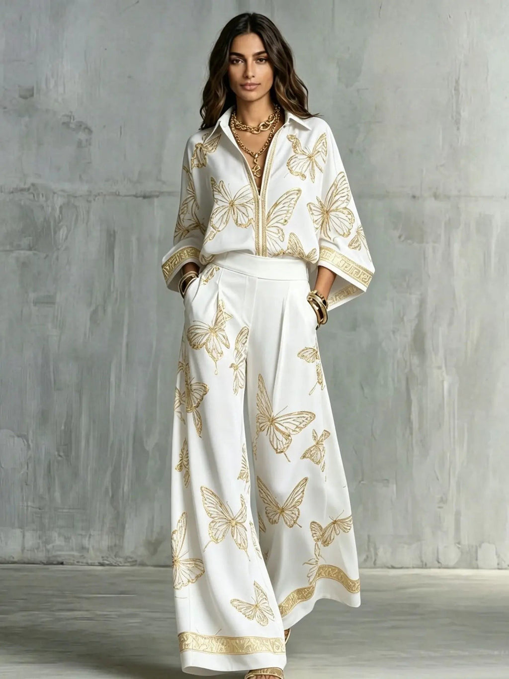 Fashion Set Women's Autumn 2026 New Loose Lapel Zipper Long Sleeve Coat Top Wide Leg Pants Two Piece Set Leisure Print Outfits