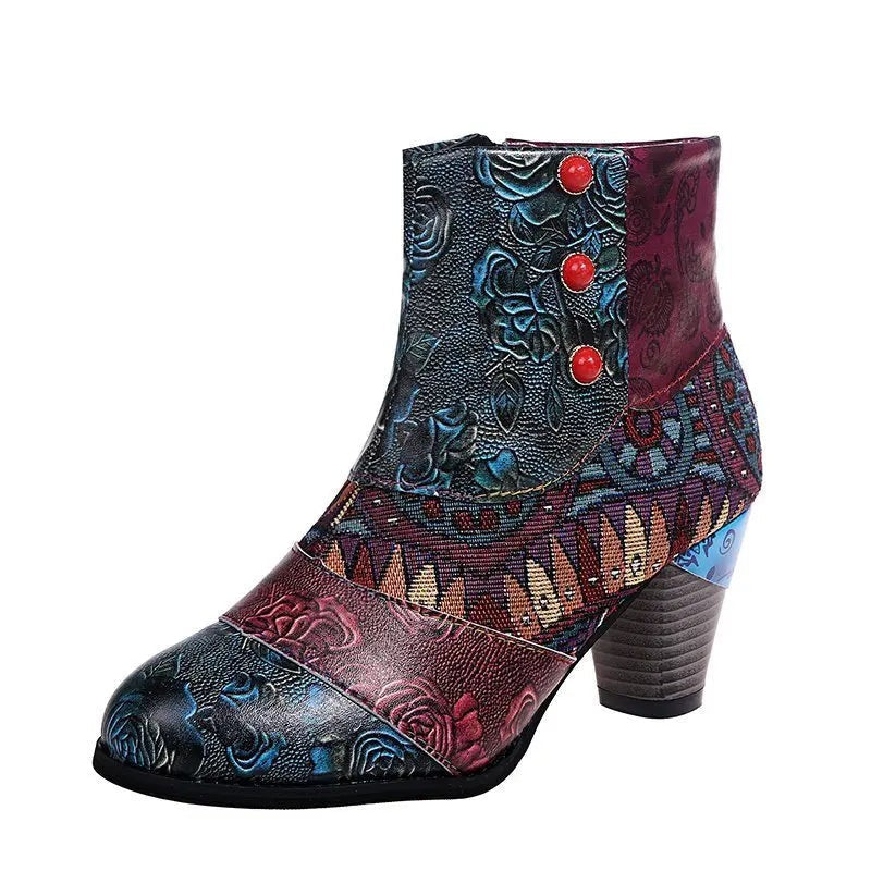 Ankle Boots Women Autumn PU Women's Shoes Ethnic Waterproof Casual Vintage Shoes Zipper High Heel Short Boots Botas Mujer
