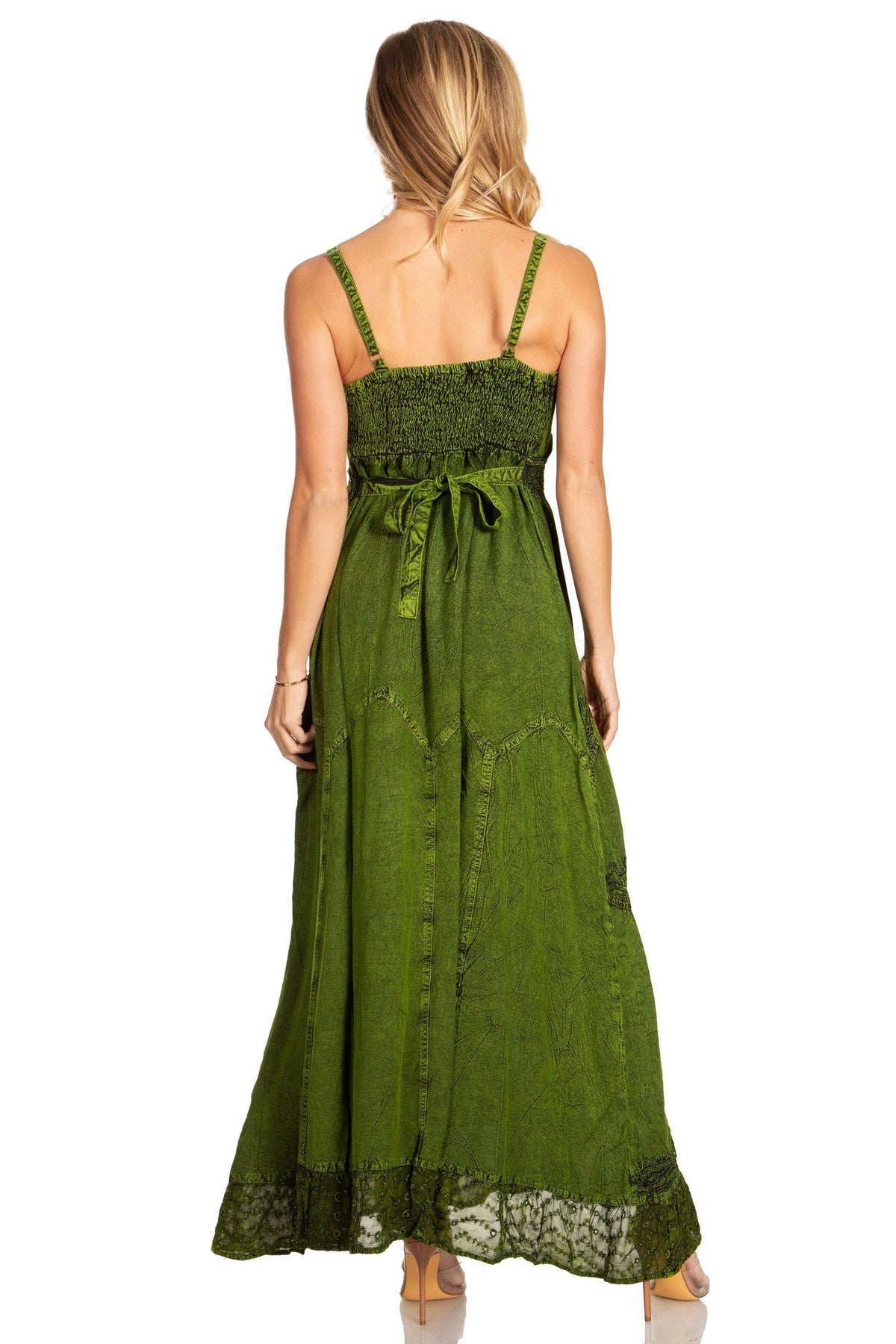 MKY Amy Stonewashed Rayon Embroidered Adjustable Spaghetti Straps Long Dress