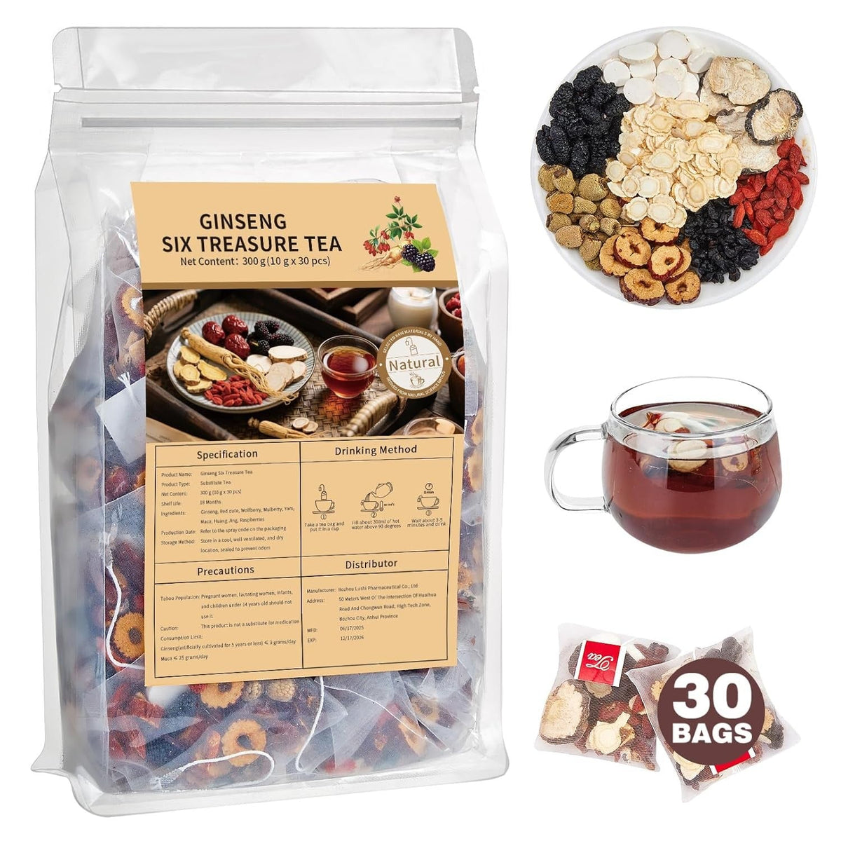 Six Treasure Detox Tea Set – Elegant Housewarming and Holiday Gift for Health-Conscious Women and Men, 30 Bags