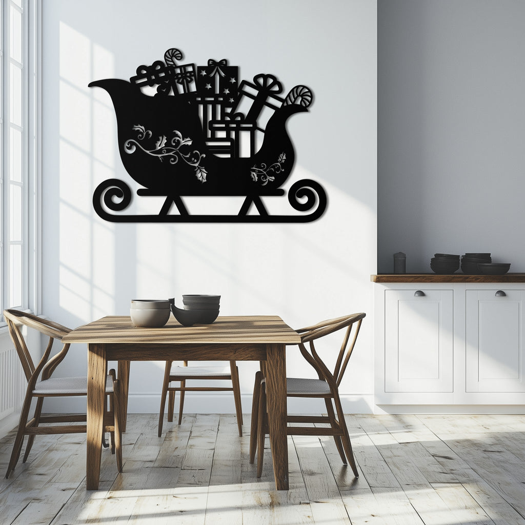 Christmas Sleigh Metal Wall Art - Beautifully Detailed Festive Holiday Decor Design