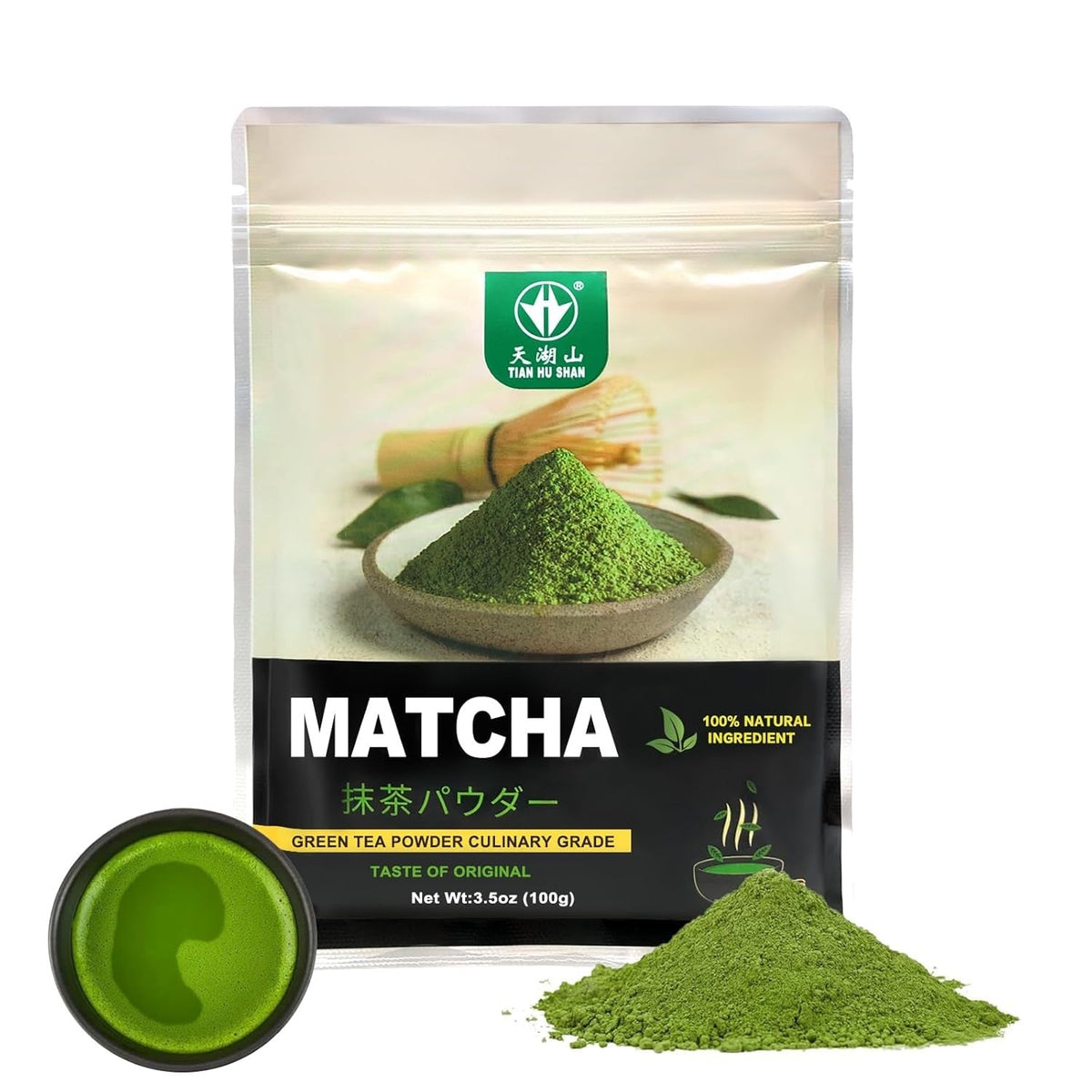 TIAN HU SHAN Pure Matcha Powder – Smooth Study Companion for Students, Clean Energy Replacement for Midday Espresso