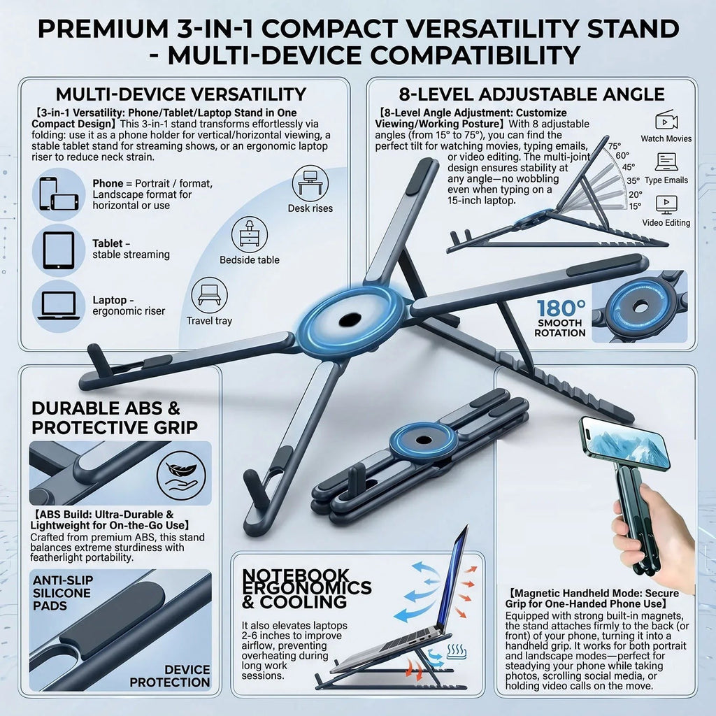 Foldable Magnetic Laptop Stand ABS Plastic Portable Adjustable Stand Heat Dissipation Holder for Smart Phone Tablet Notebook