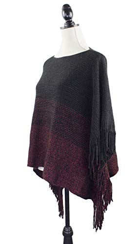 stylesilove Womens Knit Two Tone Batwing Fringe Poncho Cardigan Pullover Cozy Sweater Wrap Jacket