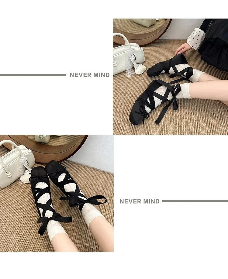 2026 Women Satin Ballet Shoes Breathable Lightweight Ribbon Lace Up Non Slip Square Toe for Office Summer Daily All Season Wear